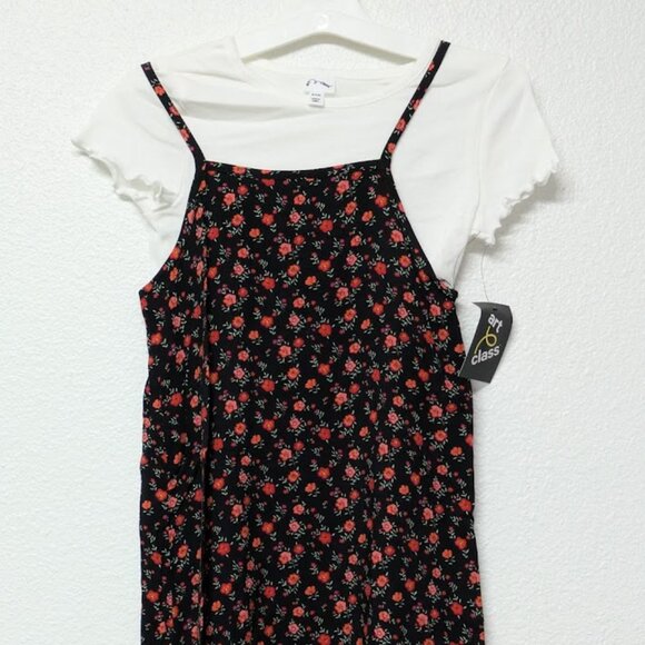 ART CLASS Girl's Black Spaghetti Strap Floral Dress with Short Sleeves Shirt - M - Picture 1 of 5